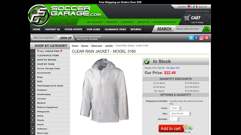 Clear Rain Jacket - model 3160 - SoccerGarage.com