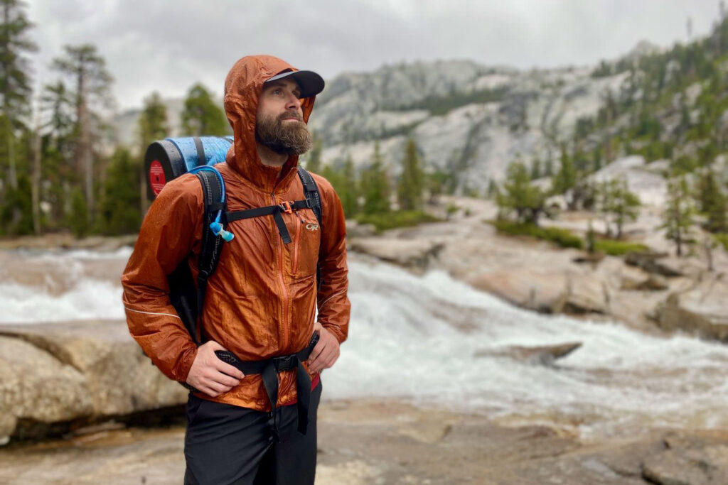 A stock image illustrating hiking rain jacket concepts