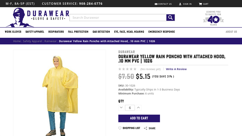 Durawear Rain Poncho Yellow PVC, SKU# 1026