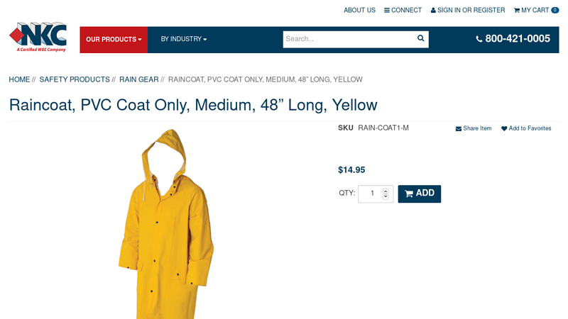 Raincoat, PVC Coat Only, Medium, 48” Long, Yellow